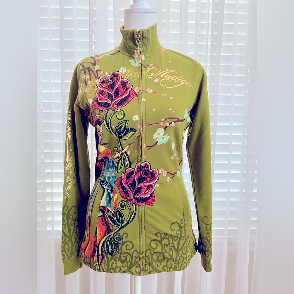 🔥SOLD🔥NWOT CHRISTIAN AUDIGIER LUXURIOUS ZIP UP SWEATER LINED GREEN OLIVE SMALL